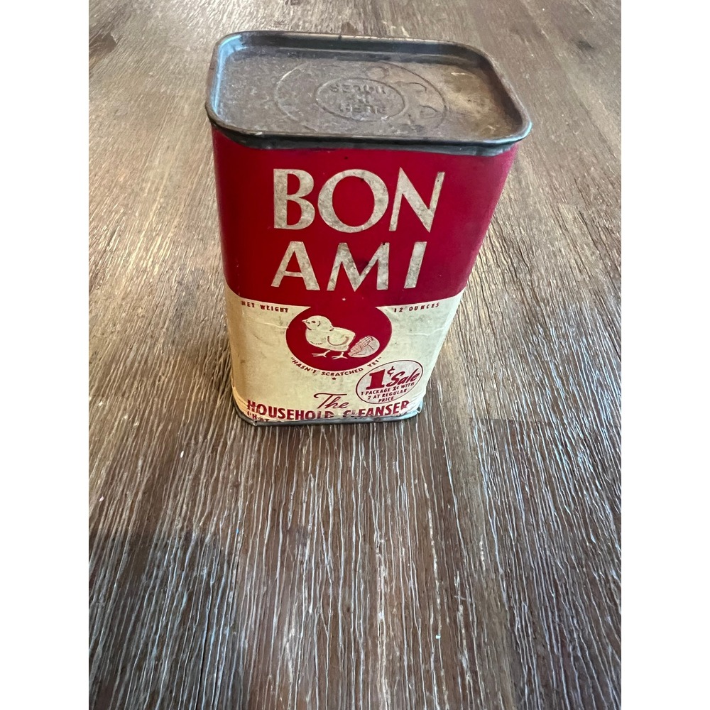 Vintage Bon Ami Household Cleanser Tin 12oz Red Cream Advertising Chick Logo